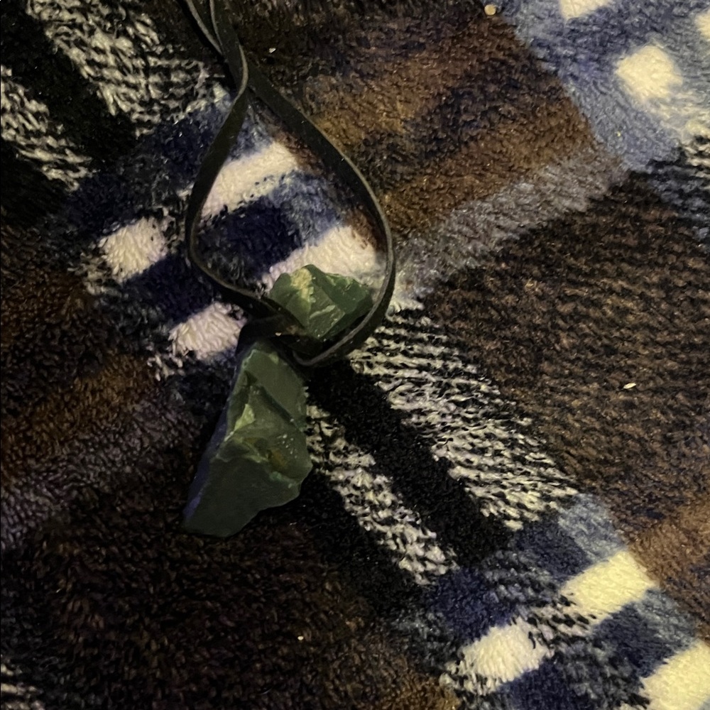 Women's Black Leather Necklace with Green Stone Pendant